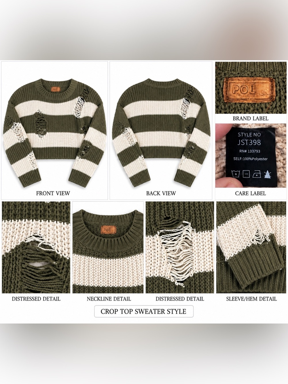 POL Women’s Olive Green Ivory Striped Distressed Crop Sweater Pullover JST398